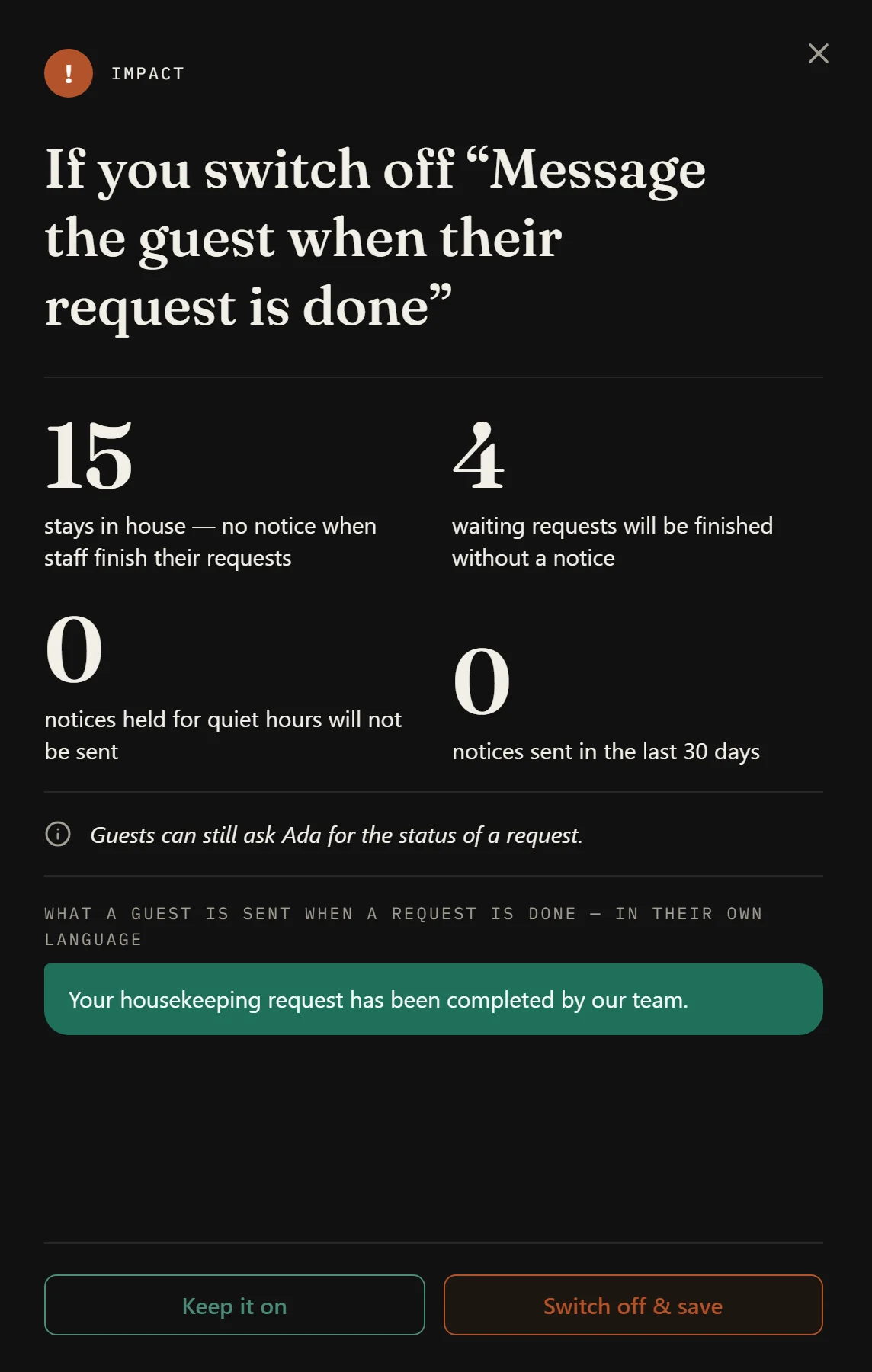 The impact panel: before a message to guests is switched off, it counts the stays and waiting requests it touches and shows what a guest is sent, with Keep it on and Switch off and save.