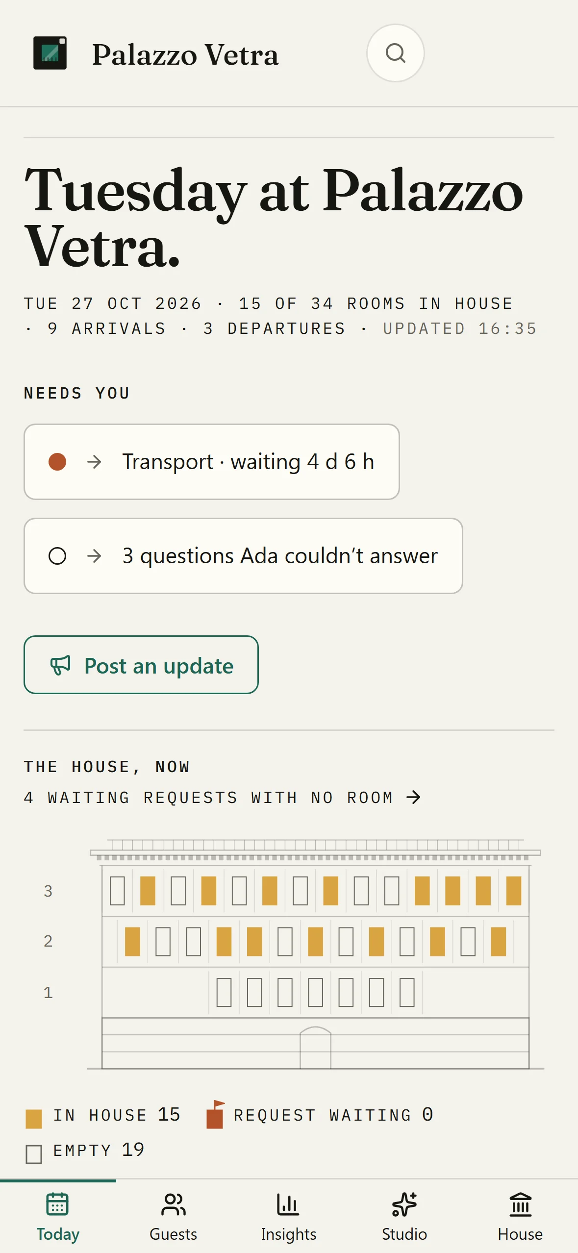 Today on a phone: the day at the property, what needs the team, a button to post an update, the house drawn on its building, and a tab bar for the five places.