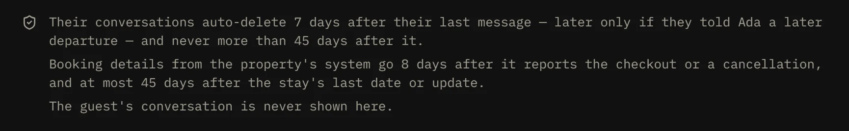 The last lines of the guest drawer: when a guest’s conversations and booking details are deleted, and that the guest’s conversation is never shown there.
