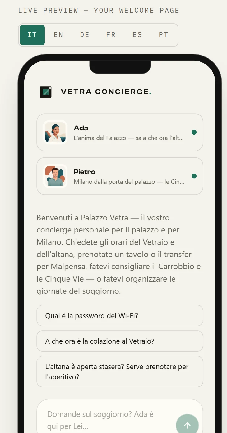 The Studio’s preview of the property’s welcome page on a phone, in Italian, with a switch for each language the property serves.