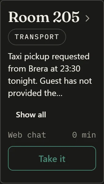 The request on the front desk’s board, in New: Transport, a taxi pickup from Brera at 23:30, and a Take it button.