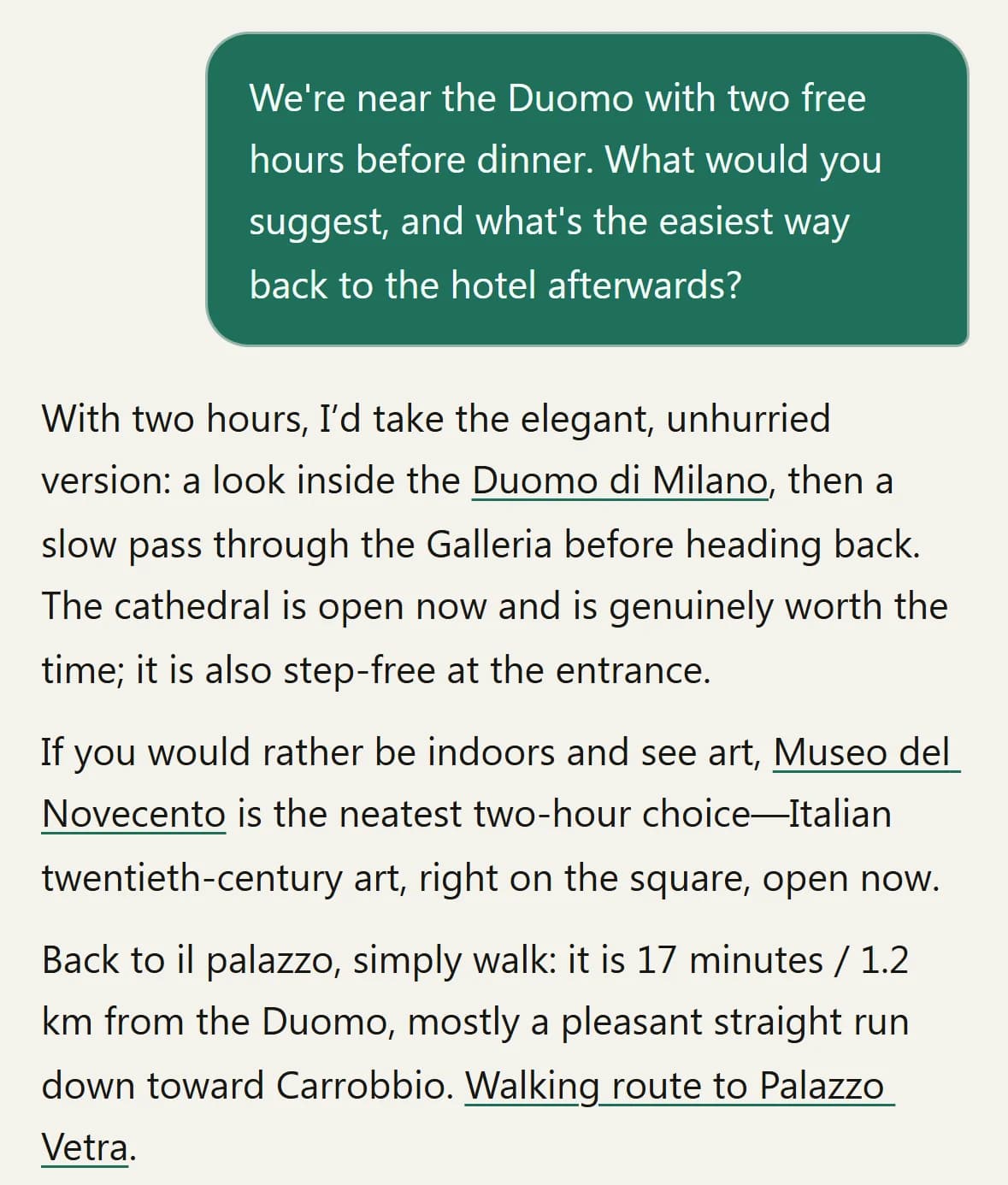 The guest’s question and the concierge’s answer in full: the Duomo and the Galleria, or the Museo del Novecento, for two free hours, then the walk back to Palazzo Vetra, with a link to the walking route.