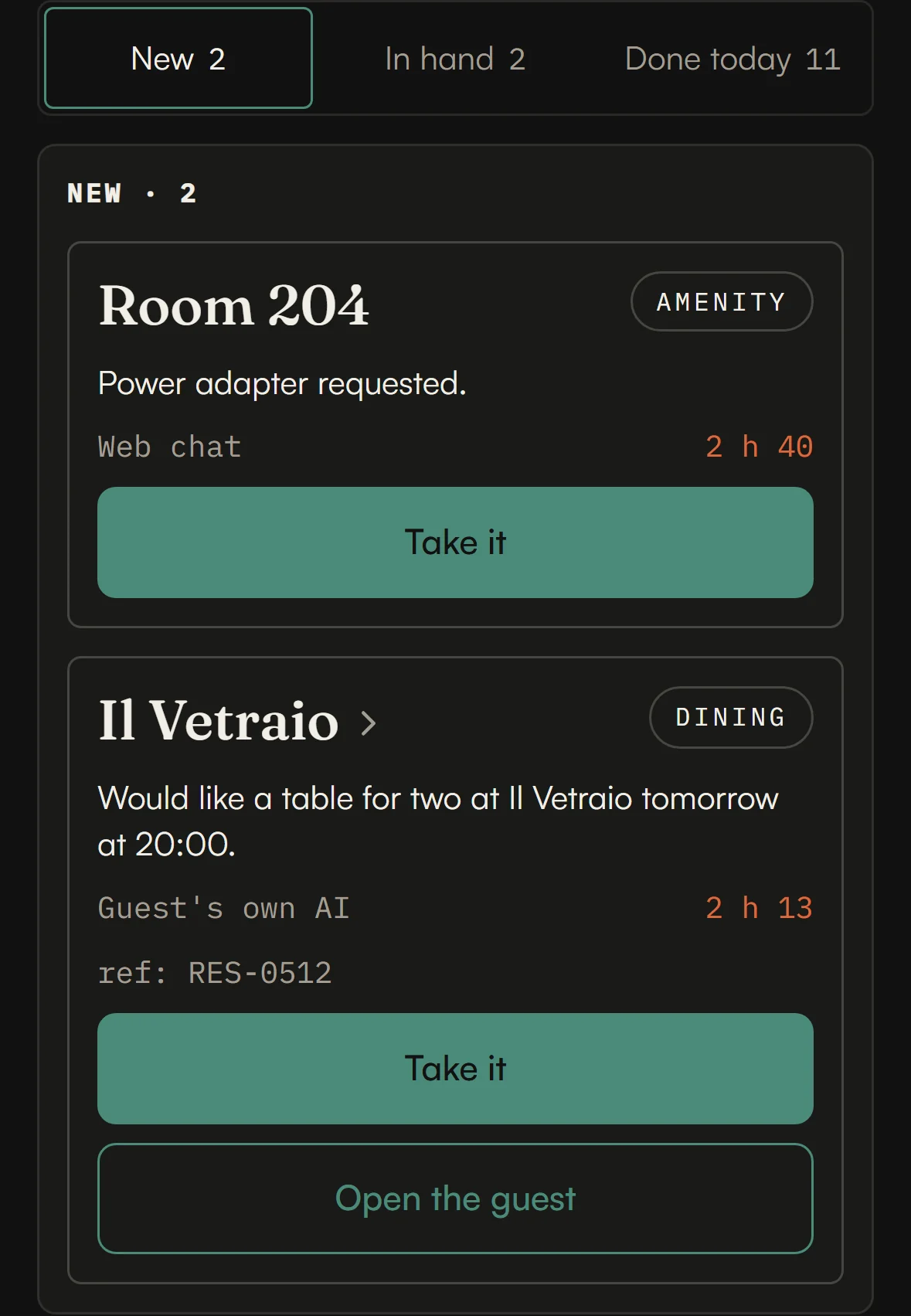 The front desk’s board on a phone: the New lane, each request with its room or place, how it came in, how long it has waited, and a Take it button.