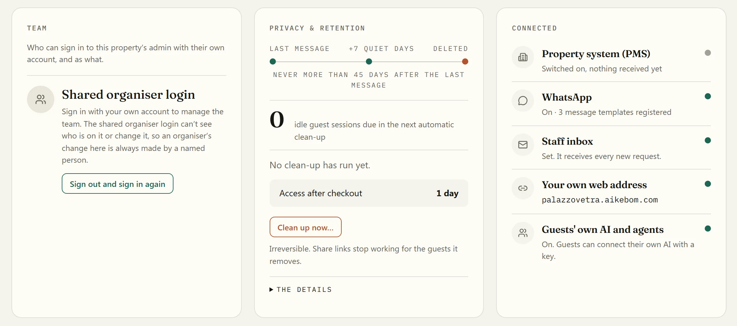 House in the back office: who can sign in, privacy and retention drawn as a timeline, and what the concierge is connected to.