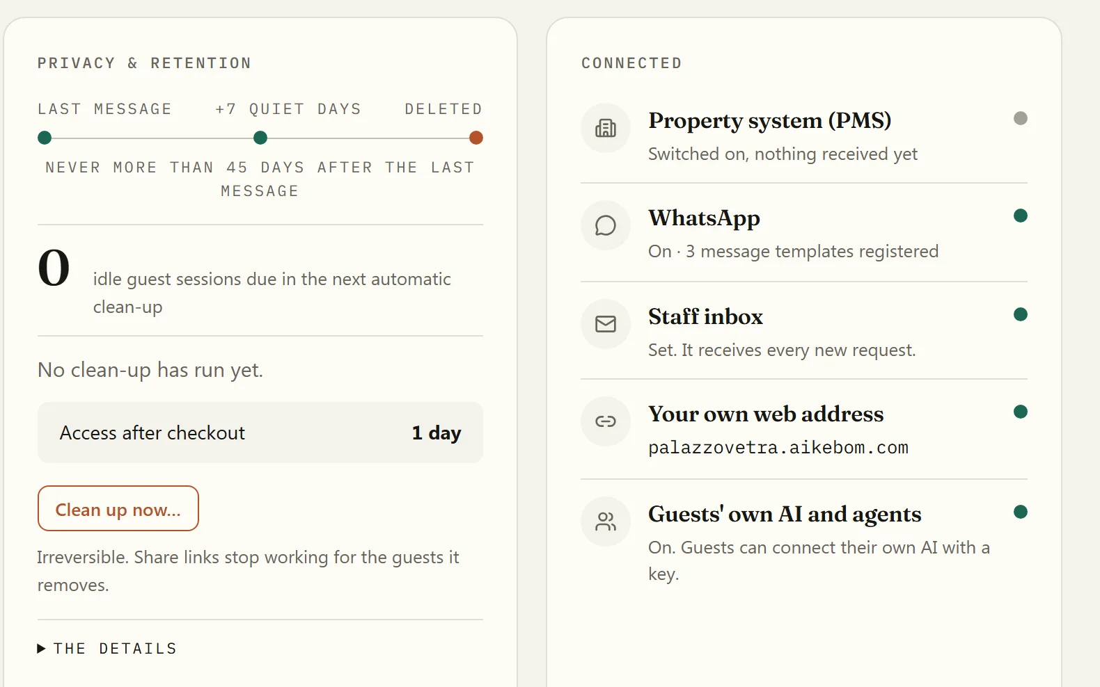 House: privacy and retention drawn as a timeline, and what the concierge is connected to, each connection with its status.