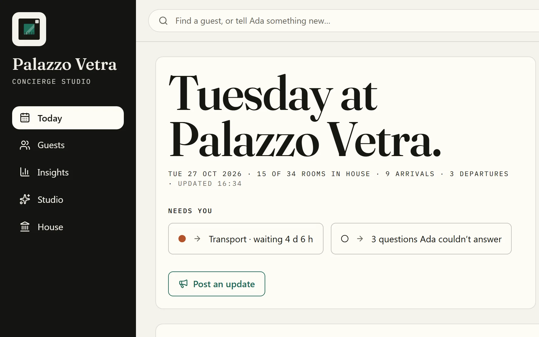 The top of Today: the day at the property, the rooms in house and arrivals, and what needs the team.