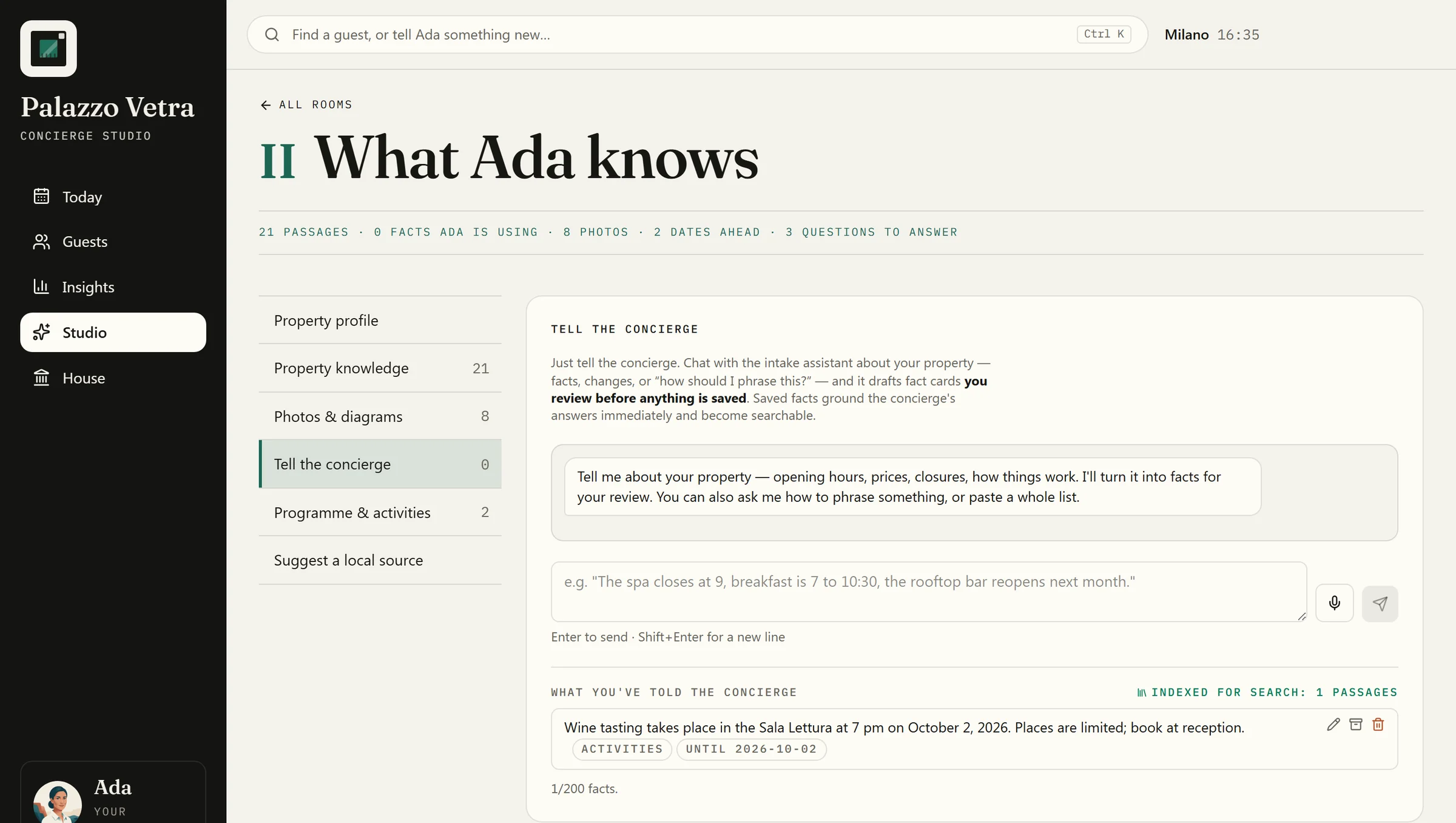 Room II of the Concierge Studio, What Ada knows: Tell the concierge, where the team describes a change in plain words and reviews the facts before anything is saved.