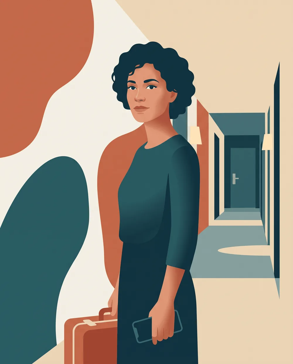 A guest waiting in a quiet hotel corridor late at night, phone in hand