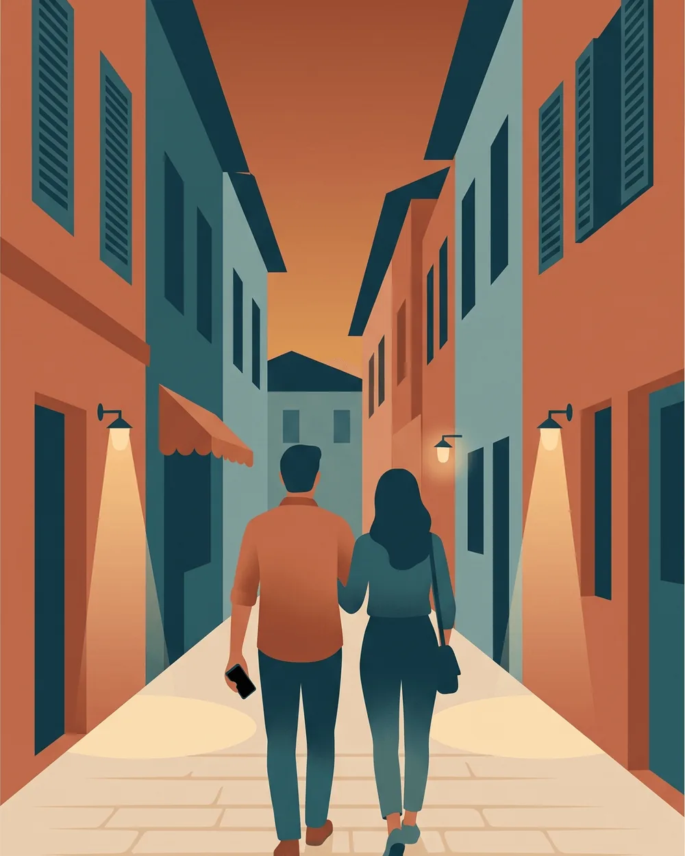 Two travellers walking a lamplit old-town street past a small restaurant