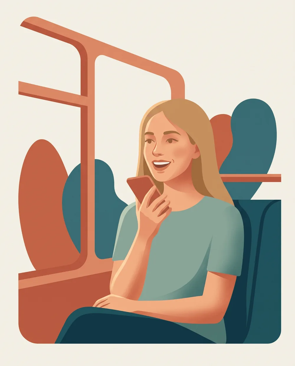 A guest speaking into her phone by the window of a city tram