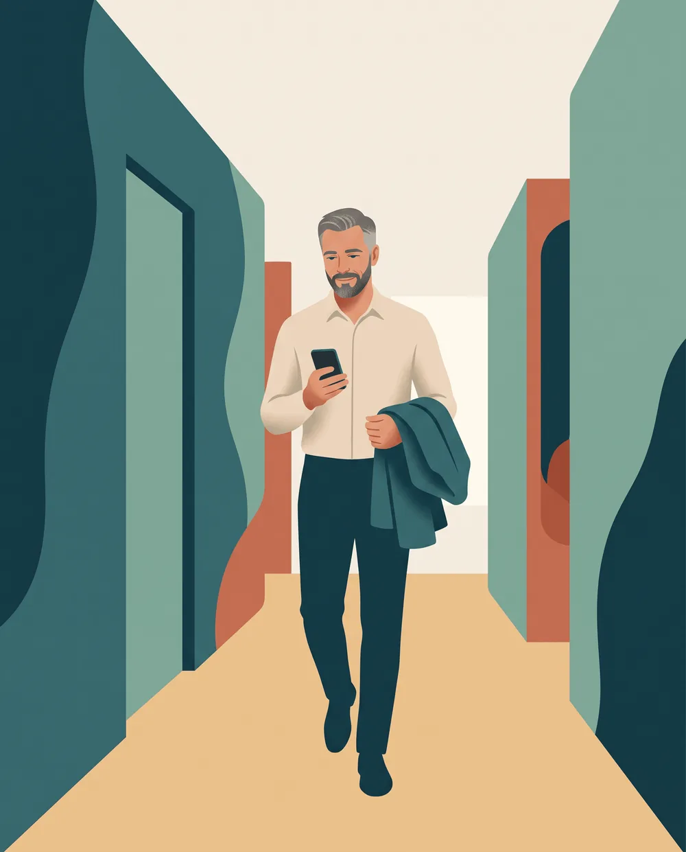 A guest walking a bright hotel corridor, glancing at his phone