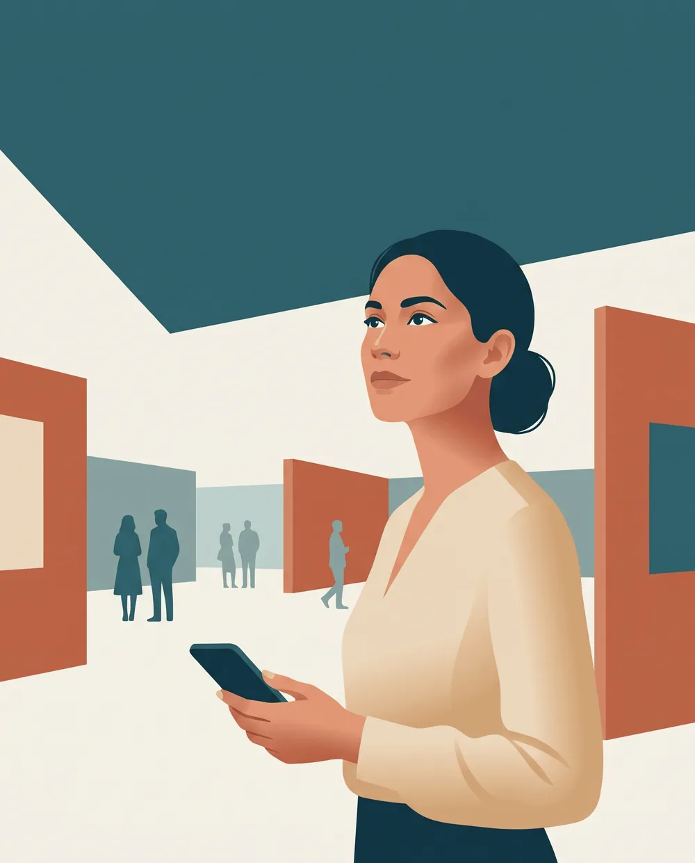 An attendee beside an exhibition stand looking out across a conference hall