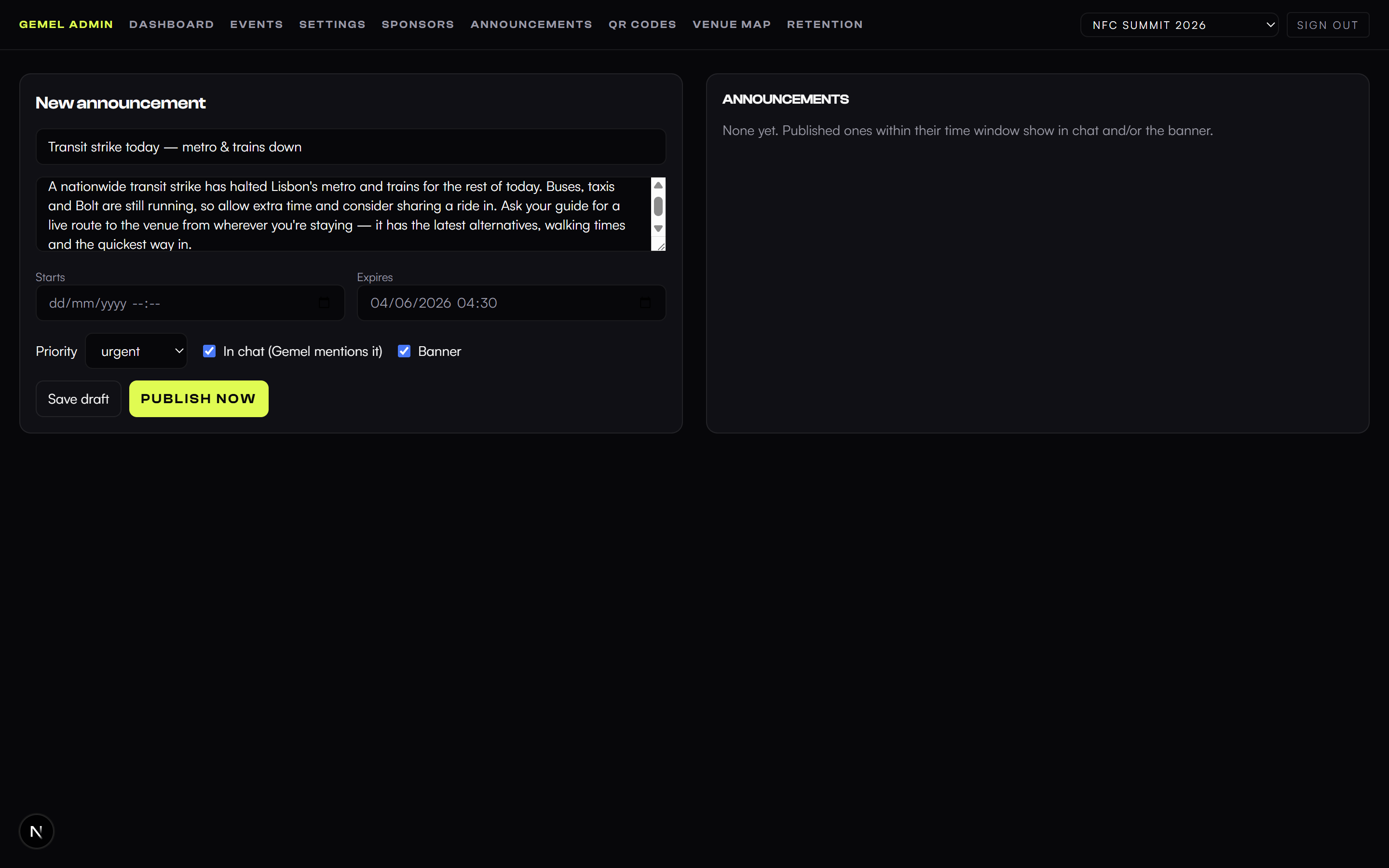 The admin broadcast form — an urgent update going to chat and the banner at once