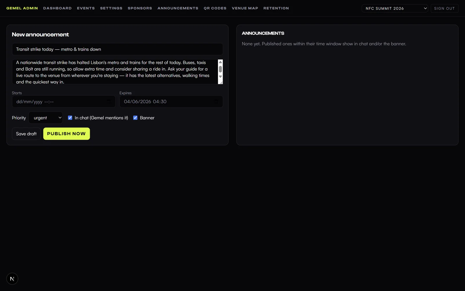 The admin broadcast form — an urgent update going to chat and the banner at once