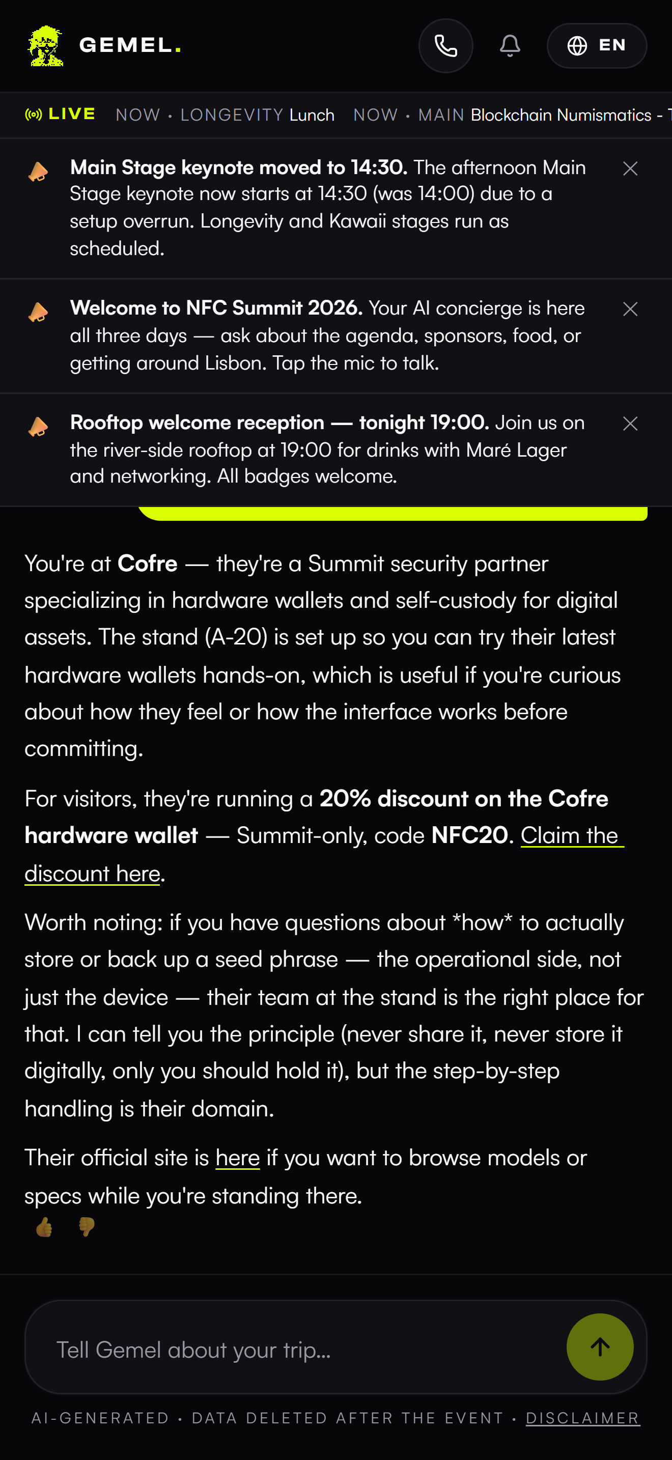 After a booth QR scan the concierge introduces the exhibitor’s stand and carries their Summit-exclusive offer with the tracked code