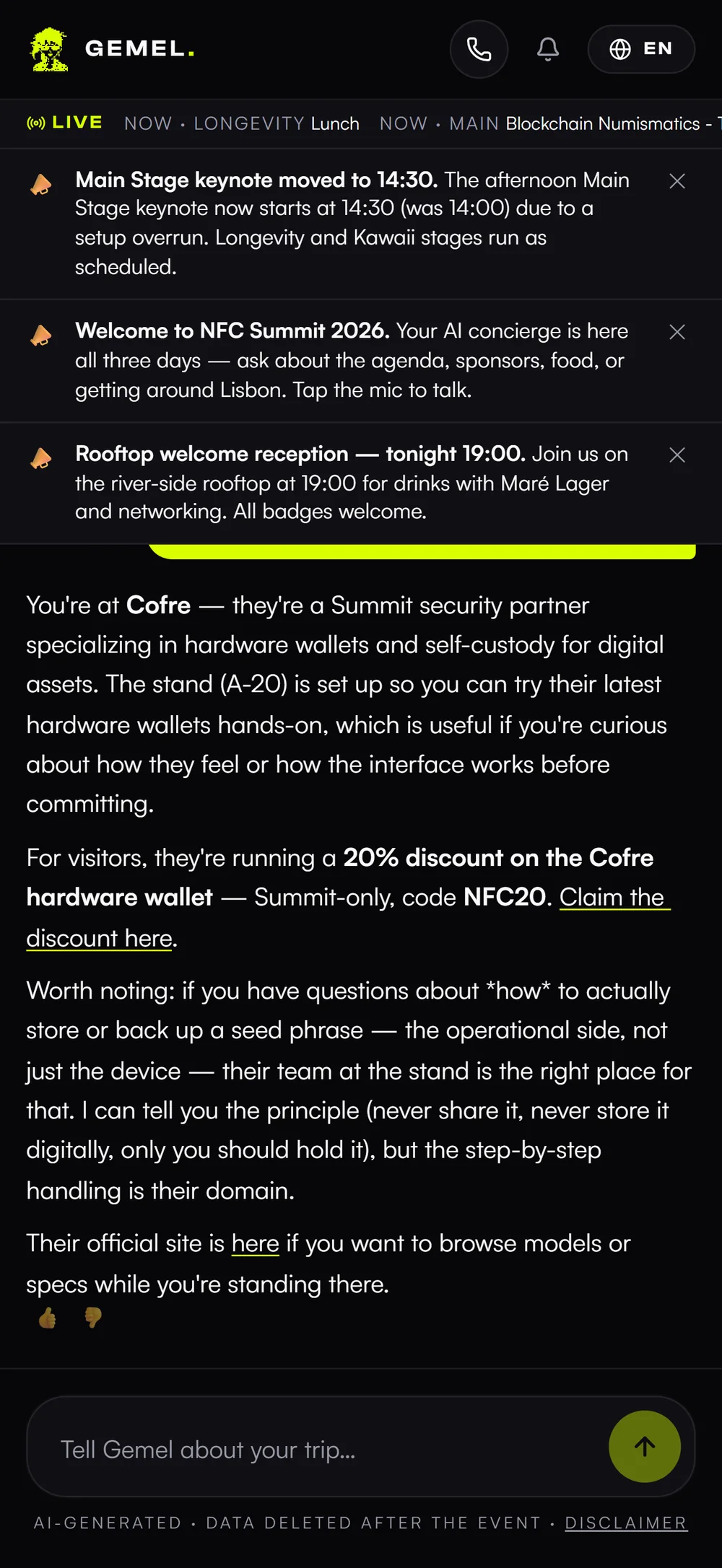After a booth QR scan the concierge introduces the exhibitor’s stand and carries their Summit-exclusive offer with the tracked code