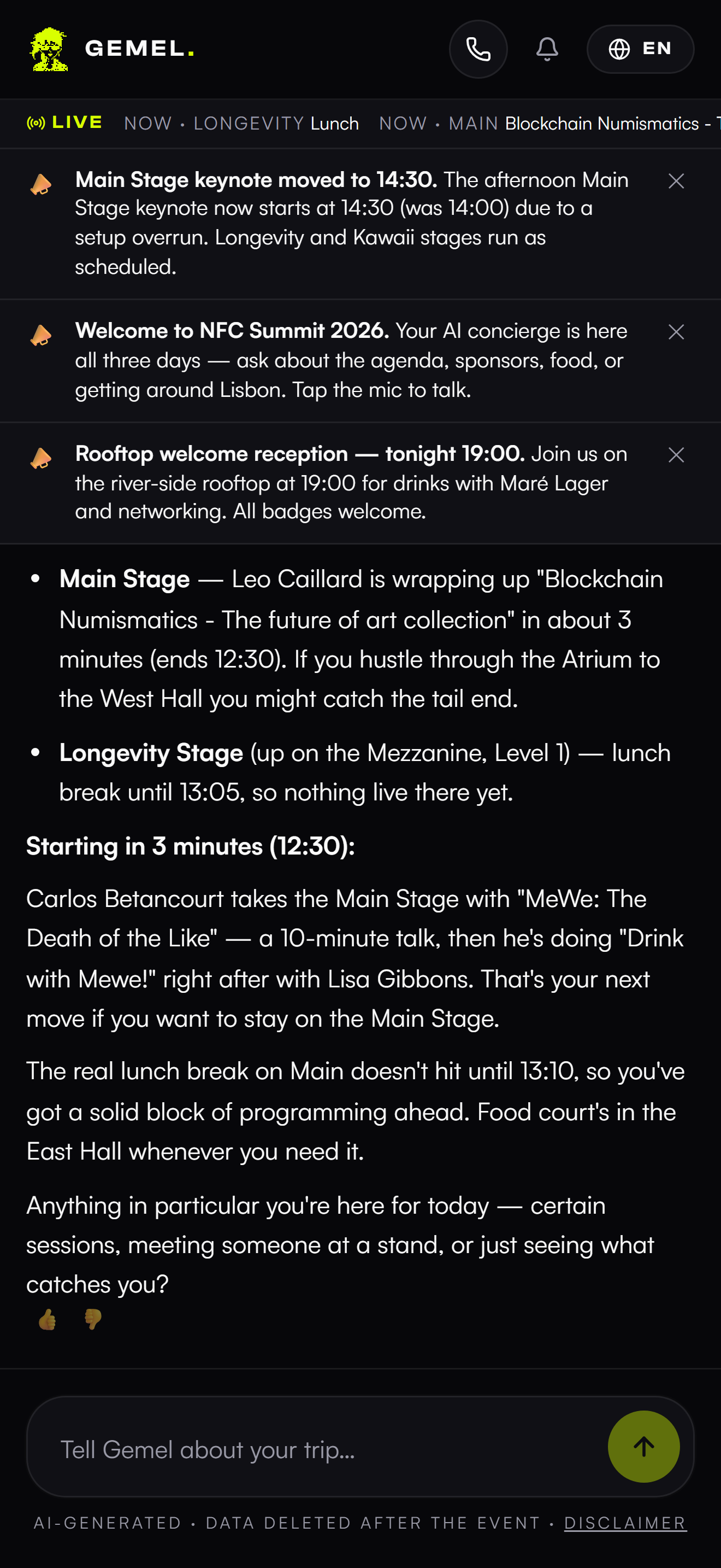 Asked what's on right now, the concierge answers from the live programme — what's running, when it wraps, and what's next