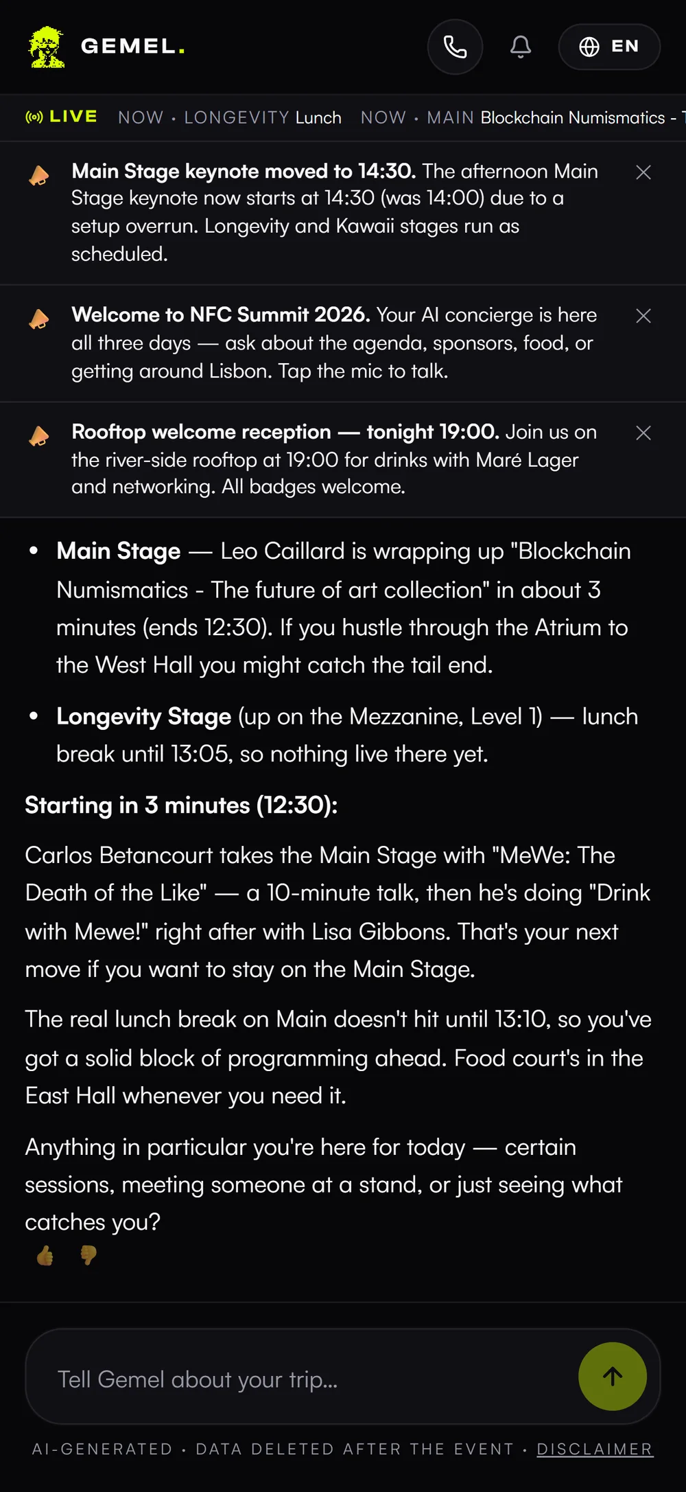Asked what's on right now, the concierge answers from the live programme — what's running, when it wraps, and what's next