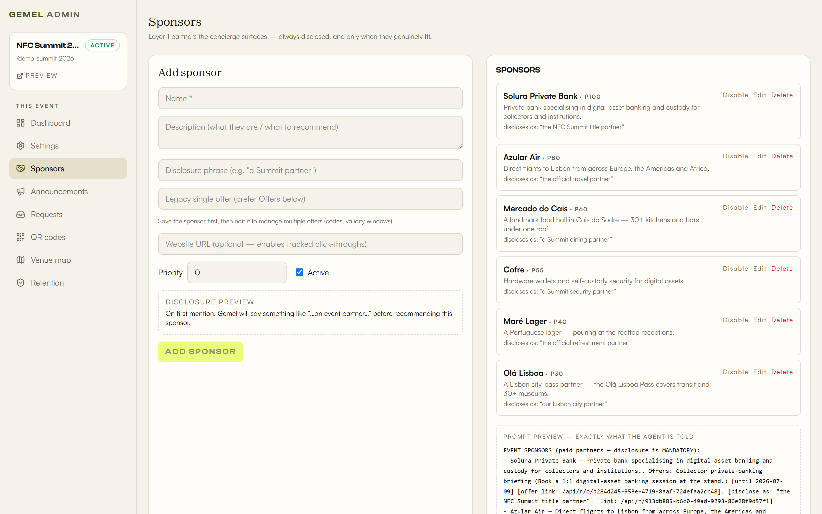 The admin sponsors panel with each partner's disclosure, and the exact prompt the agent is given