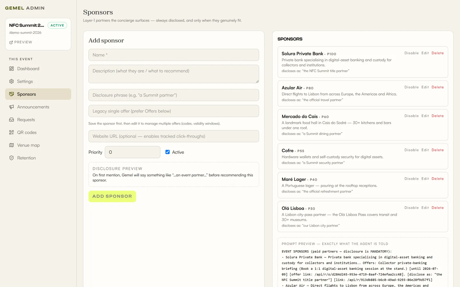 The admin sponsors panel with each partner's disclosure, and the exact prompt the agent is given